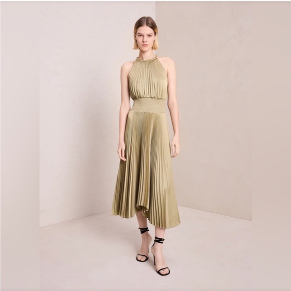 ALC Renzo II" satin pleated high-neck midi dress - Picture 5 of 11